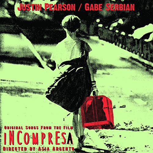 A red vinyl record sleeve with a green-toned image of a woman carrying a suitcase.