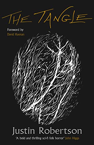 Book cover: black background with white tangled lines and gold title.