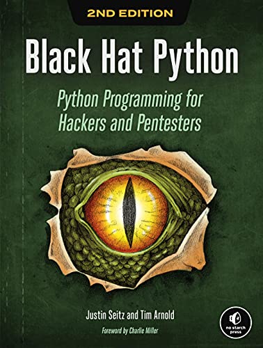 Book cover: "Black Hat Python," featuring a reptile eye and green texture.