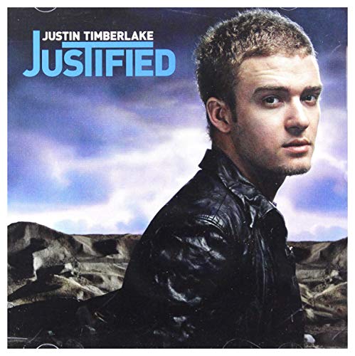Justin Timberlake’s “Justified” album cover, portrait of Timberlake in black jacket.