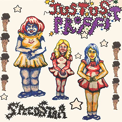 Vinyl record cover with three cartoon women and colorful text on beige background.