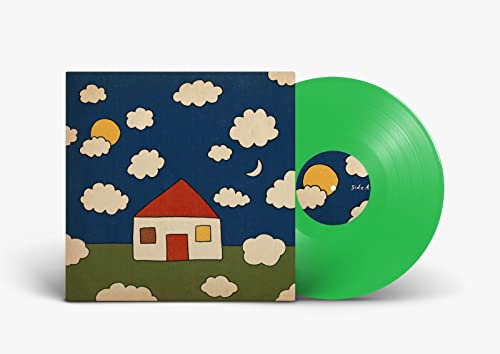 Album cover art featuring a house under clouds and a bright green vinyl record.