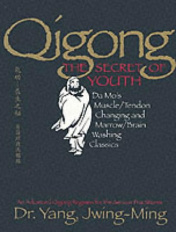Book cover with calligraphy, a figure, and the title "Qigong, the Secret of Youth.
