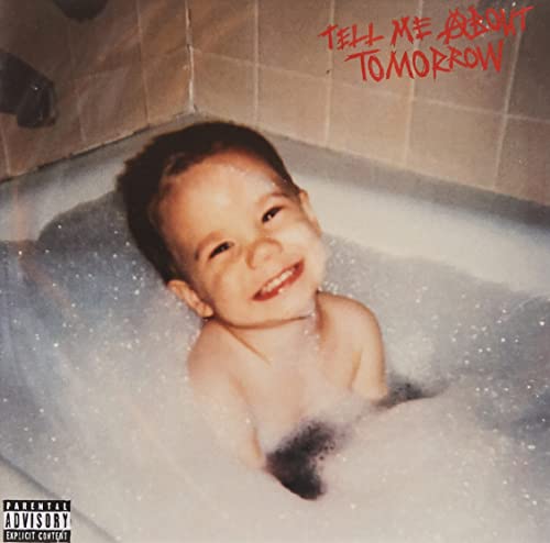 Child in a bubbly bathtub, album cover for jxdn’s “Tell Me About Tomorrow.”