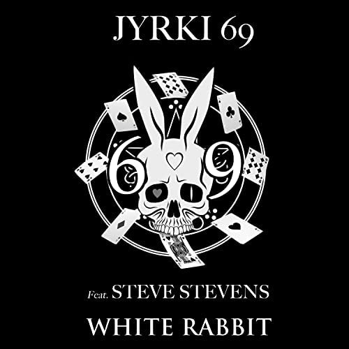 Black and white image of a skull-rabbit surrounded by playing cards.
