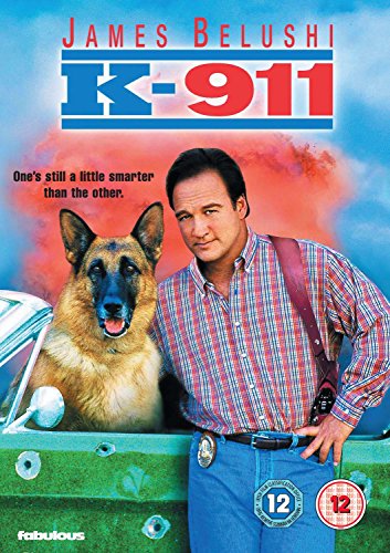 DVD cover of "K-911" featuring James Belushi and a German Shepherd dog in a police car.