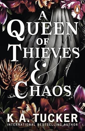 Book cover with white text, dark florals, and a shadowy winged figure.