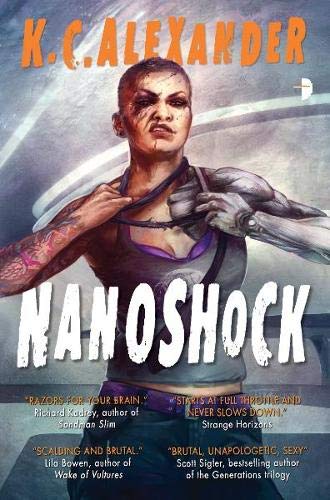 Book cover: "Nanoshock" featuring a bruised woman with a robotic arm.
