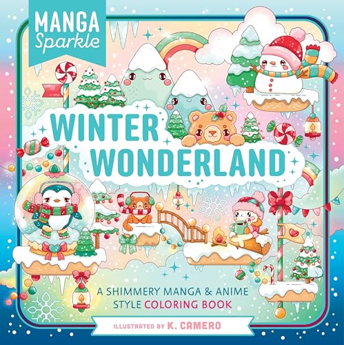 Anime-style coloring book cover with winter scenes and cute animal characters.