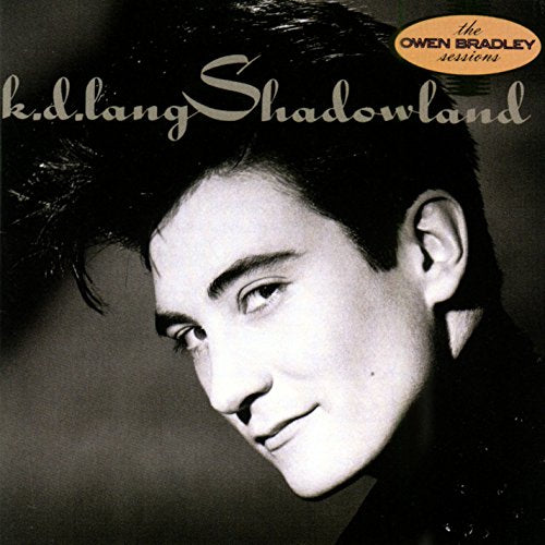 Black and white CD cover of k.d. lang, portrait with text.
