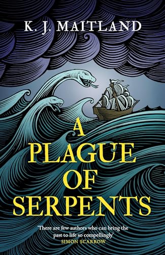 Book cover: ship on waves formed as sea serpents, dark blue tones.