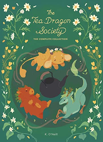 Cover of "The Tea Dragon Society" book with dragons and a teapot.