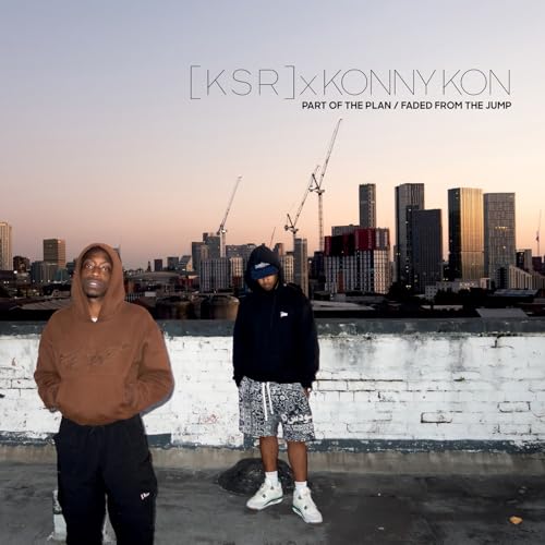 Two hooded figures stand on a rooftop with a city skyline.