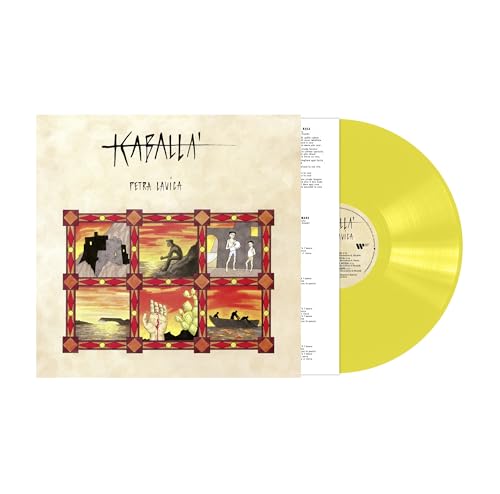 Yellow vinyl record with illustrated album cover depicting figures and landscapes.