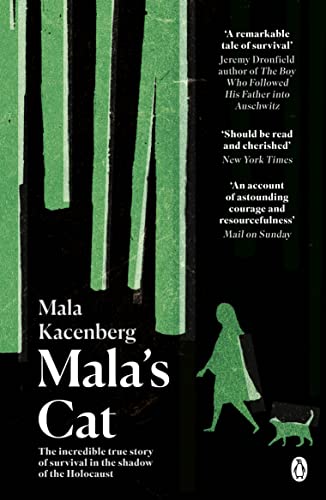 Book cover: dark stripes, a girl and cat silhouette, title "Mala's Cat".