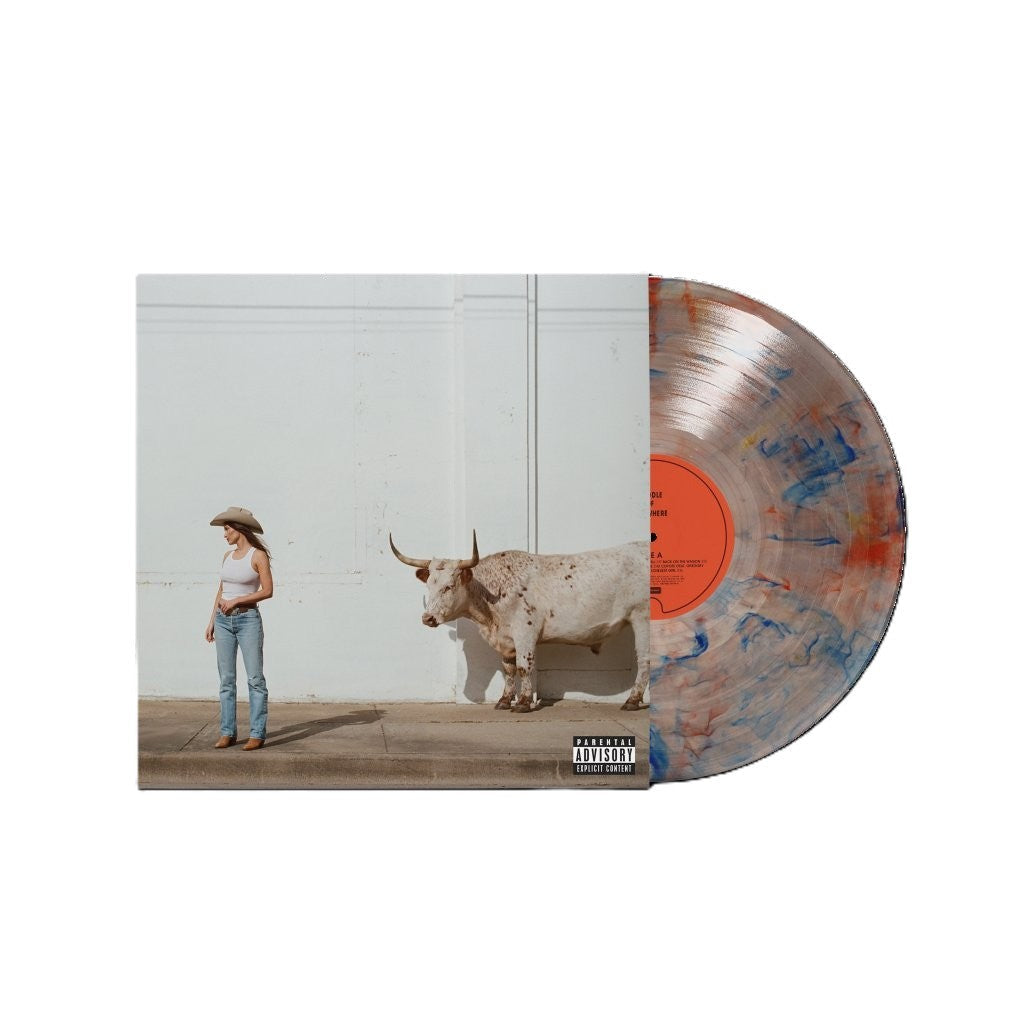Kacey Musgraves vinyl record cover showing a woman and longhorn with marbled vinyl disc.
