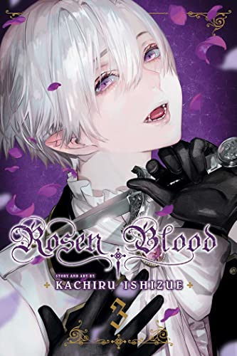 Manga cover: pale man with silver hair, holding a knife, roses falling.