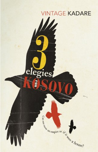 Book cover with a large black bird silhouette and red text: "3 elegies for Kosovo".