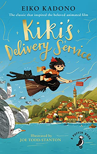 Book cover: Kiki flying on a broom over a coastal town.