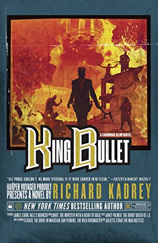 Book cover: Silhouette in suit before fiery, chaotic Hollywood scene.