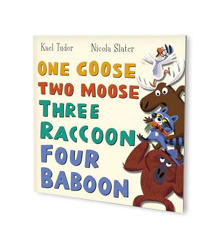 Children’s book cover with colorful text and illustrated animals stacked atop each other.
