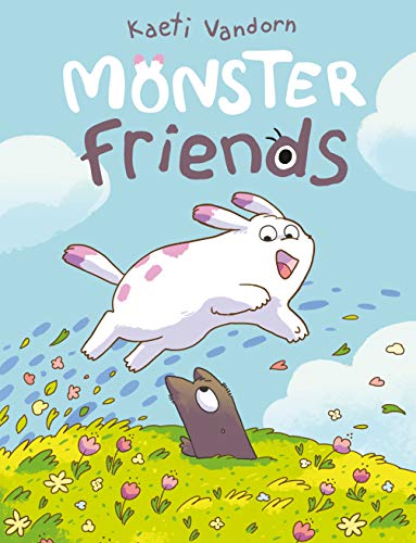 A white monster jumps over a small brown creature in a flowery field.