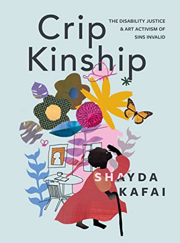 Book cover with a person using a cane, surrounded by colorful floral illustrations.