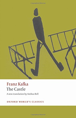 Book cover for The Castle by Franz Kafka featuring a stylized figure on olive background.