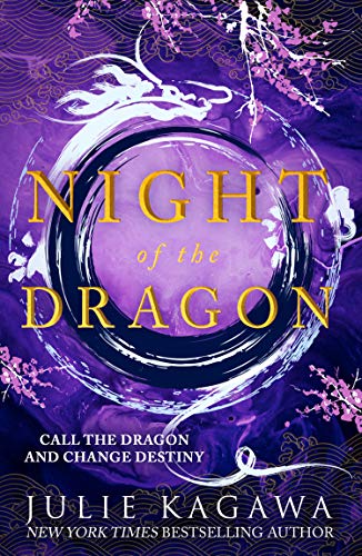 Book cover: purple and gold with a white dragon and floral design.