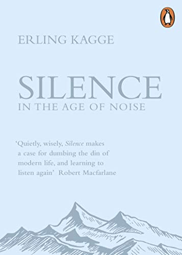 "Book cover with light blue background, gray mountains, and title 'Silence in the Age of Noise'."