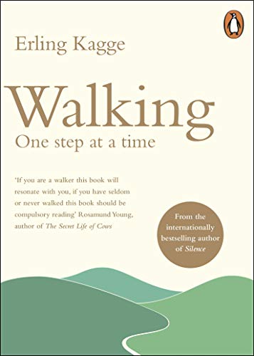 Book cover: "Walking: One Step at a Time" by Erling Kagge, with green landscape.