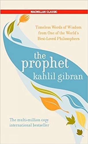 Book cover for "The Prophet" by Kahlil Gibran with blue and leaf imagery.