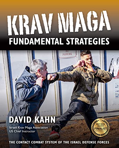 Book cover: "Krav Maga Fundamental Strategies" with self-defense demonstration.