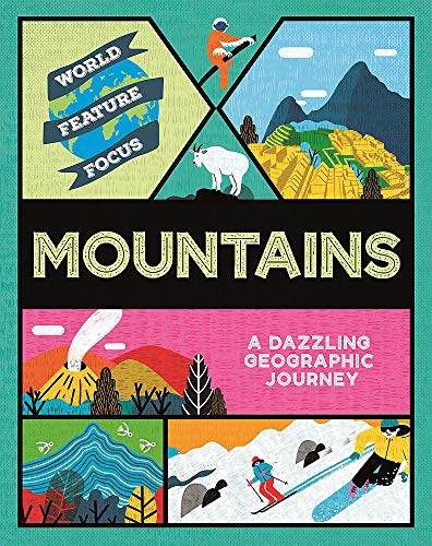 Book cover titled Mountains featuring illustrations of mountain landscapes, wildlife, and people skiing.