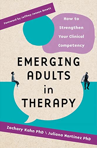 Book cover: "Emerging Adults in Therapy" with illustrated figures and abstract shapes.