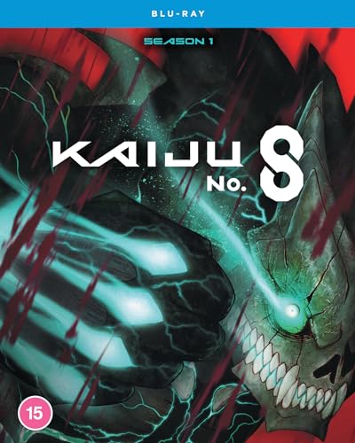 Blu-ray cover for "Kaiju No. 8" Season 1, featuring a monstrous face.
