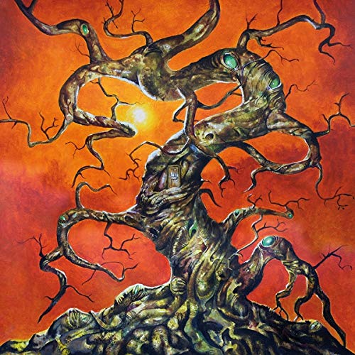 Painting of a gnarled, monstrous tree with glowing eyes against an orange sky.