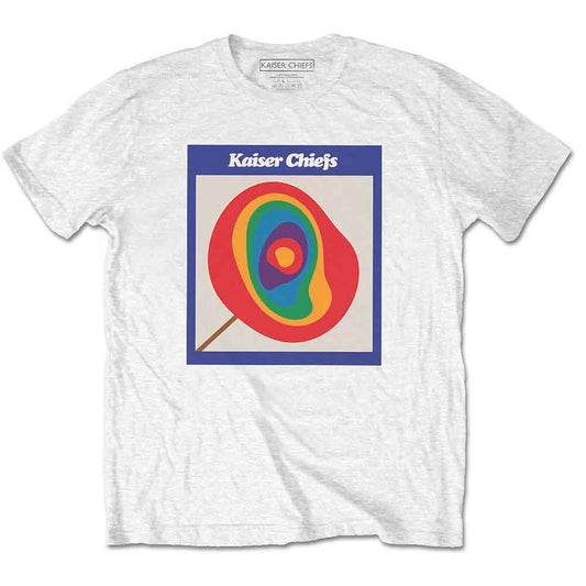 White t-shirt with colorful lollipop and “Kaiser Chiefs” graphic.