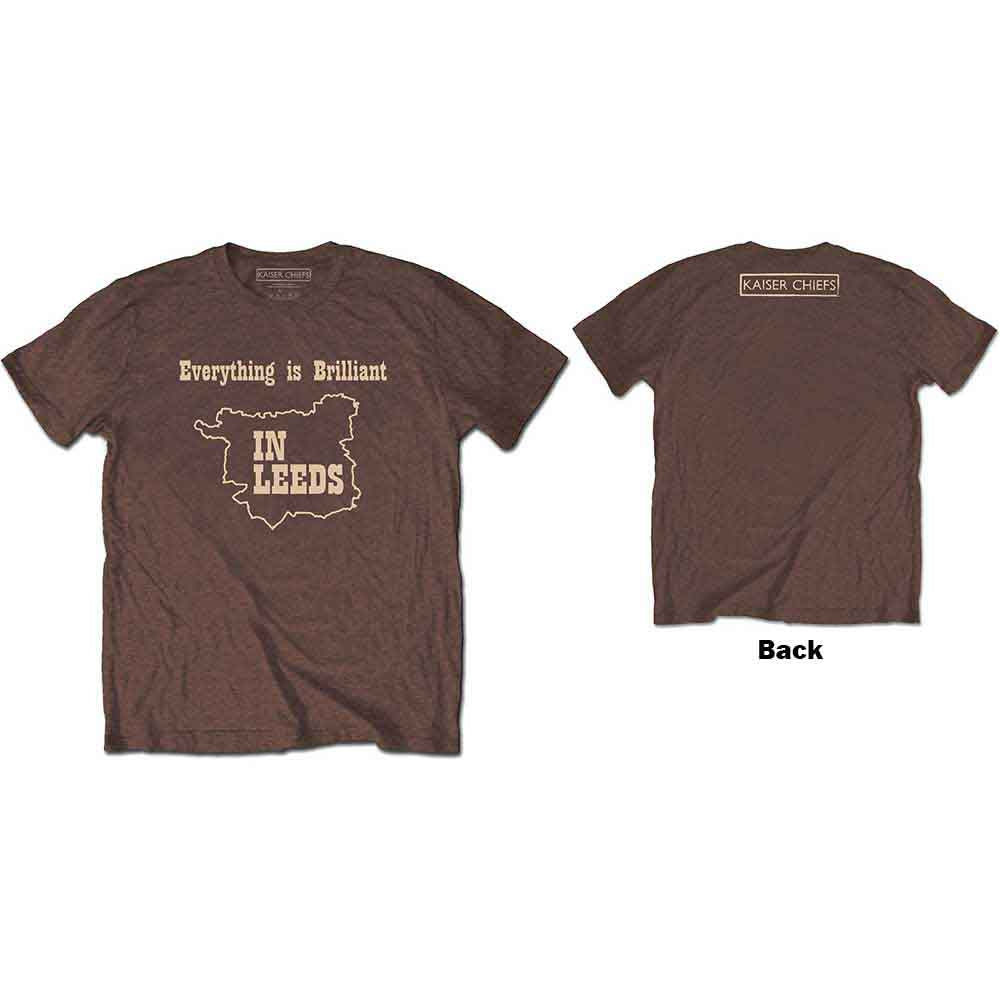 Brown t-shirt with text and map outline of Leeds, England.