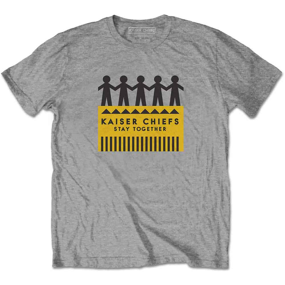 Grey t-shirt with Kaiser Chiefs logo of paper dolls and yellow stripes.