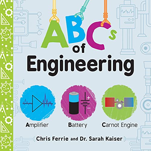 Book cover for ABCs of Engineering showing mechanical arms holding letters and scientific icons.