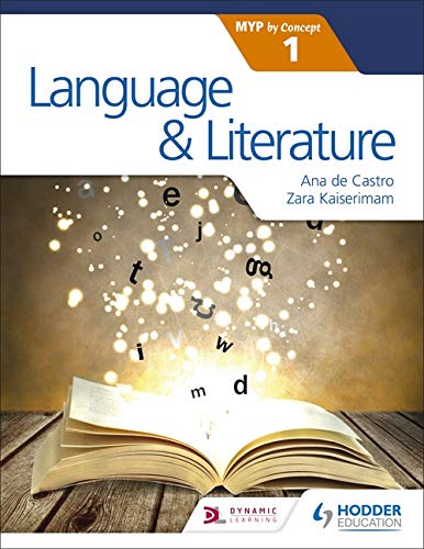 Textbook cover for Language and Literature MYP 1 showing an open book with letters.