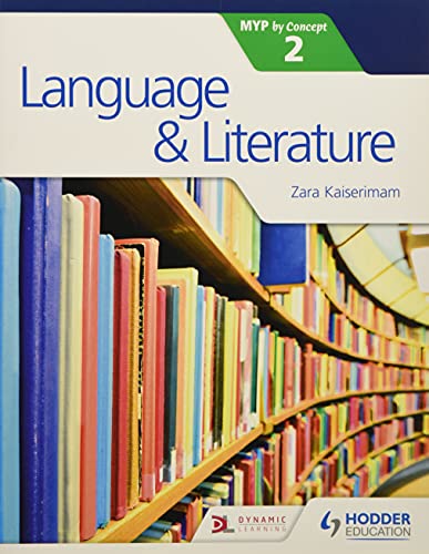 Textbook cover for Language and Literature for the IB MYP 2, featuring library bookshelves.