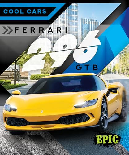 Yellow Ferrari 296 GTB sports car on a city street, book cover design.