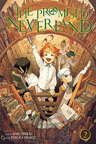 Manga cover featuring Emma, Ray, and Norman standing amidst a large, circular library.