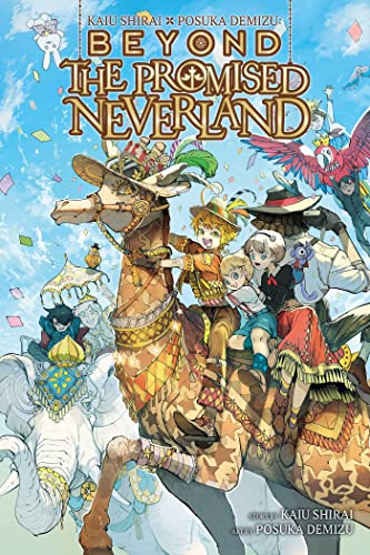 Characters from The Promised Neverland riding a decorated giraffe and elephant in a parade.