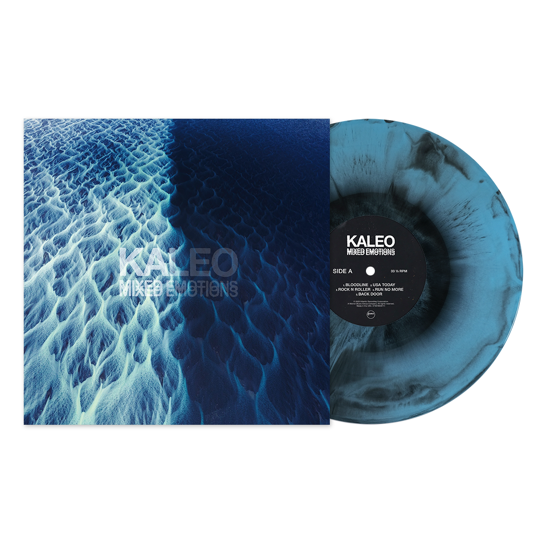 Kaleo’s “Mixed Emotions” vinyl record, blue and black marbled design.