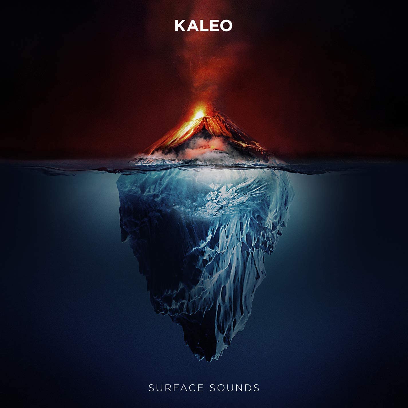 "Album cover art featuring a volcano erupting from an iceberg, with 'KALEO' and 'Surface Sounds' text."