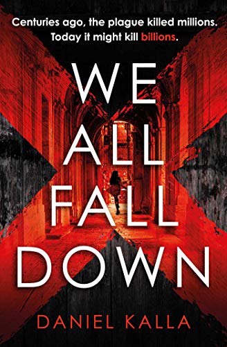 Book cover: “We All Fall Down” with red cracks and a dark hallway.
