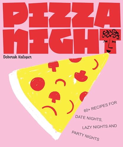 Cookbook cover with red title, pizza slice, and illustrated face.